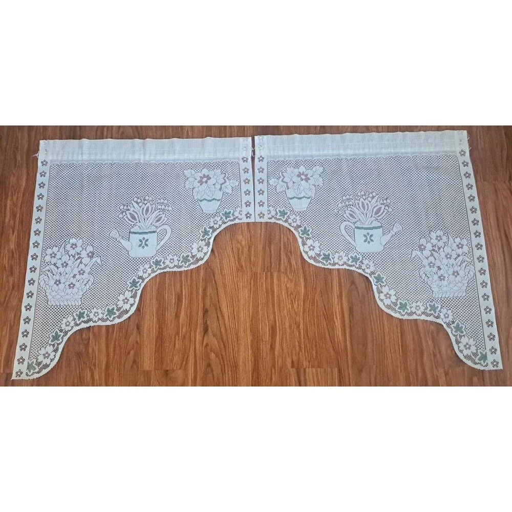 White Knit Lace Swag Curtains Arched Flower Bouquet 2 PC Pink Green 56x31